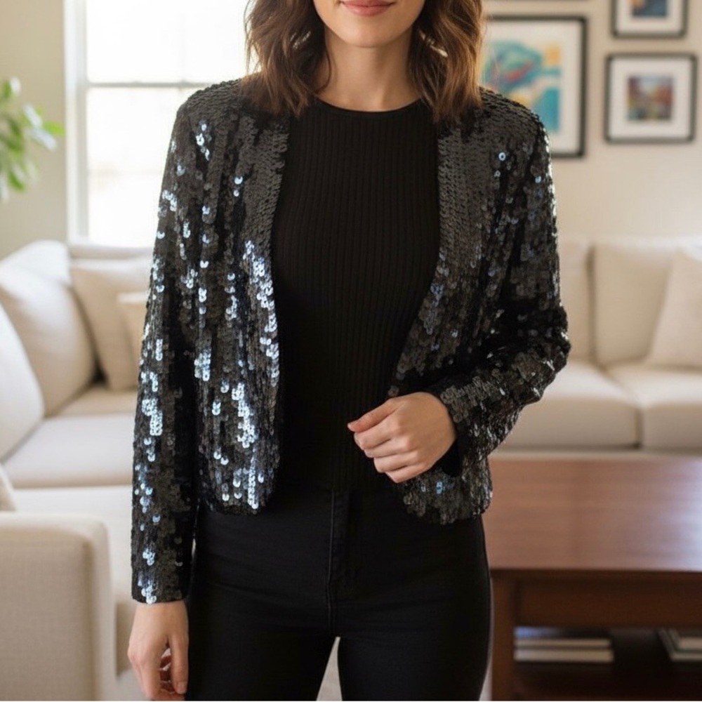 Vtg Cache Black Sequin Bolero Shrug Cropped Jacket Petite Small Whimsigoth Glam